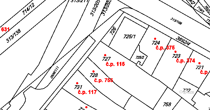 Vyškov-Předměstí 115, Vyškov na parcele st. 727 v KÚ Vyškov, Katastrální mapa