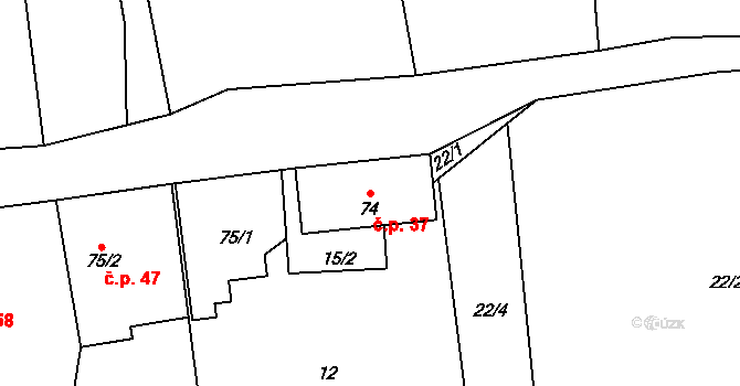 Horní Povelice 37, Liptaň na parcele st. 74 v KÚ Horní Povelice, Katastrální mapa