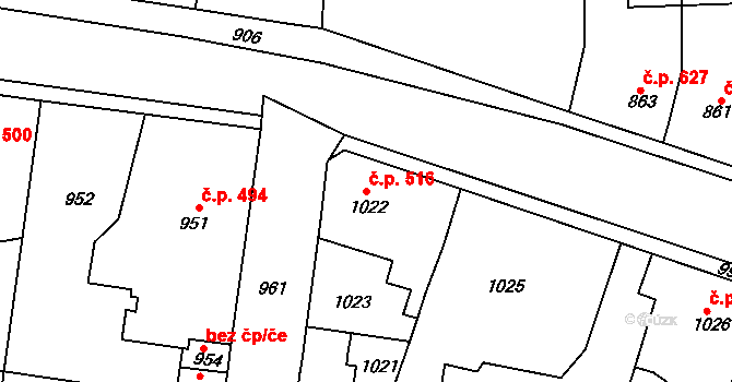 Švermov 516, Kladno na parcele st. 1022 v KÚ Motyčín, Katastrální mapa