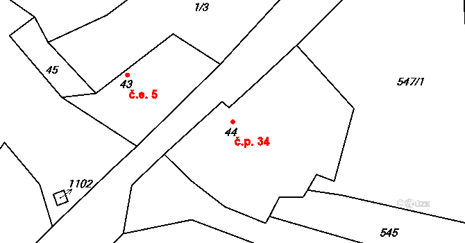 Trnobrany 34, Liběšice na parcele st. 44 v KÚ Trnobrany, Katastrální mapa