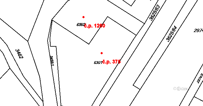 Rožnov pod Radhoštěm 375 na parcele st. 636/1 v KÚ Rožnov pod Radhoštěm, Katastrální mapa