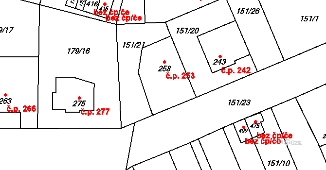 Vysoké Veselí 253 na parcele st. 258 v KÚ Vysoké Veselí, Katastrální mapa