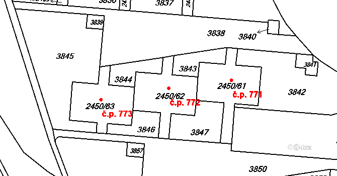 Komín 772, Brno na parcele st. 2450/62 v KÚ Komín, Katastrální mapa