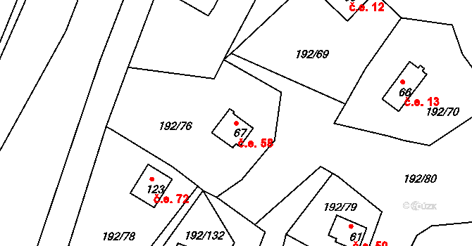 Mradice 58, Postoloprty na parcele st. 67 v KÚ Mradice, Katastrální mapa