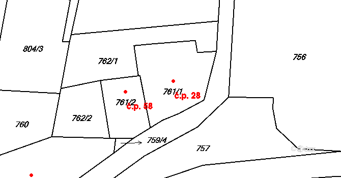 Hůrka 28, Nová Ves na parcele st. 761/1 v KÚ Nová Ves u Českých Budějovic, Katastrální mapa