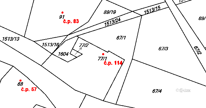Okrouhlé Hradiště 114, Konstantinovy Lázně na parcele st. 77/1 v KÚ Okrouhlé Hradiště, Katastrální mapa