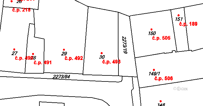 Cheb 493 na parcele st. 30 v KÚ Cheb, Katastrální mapa