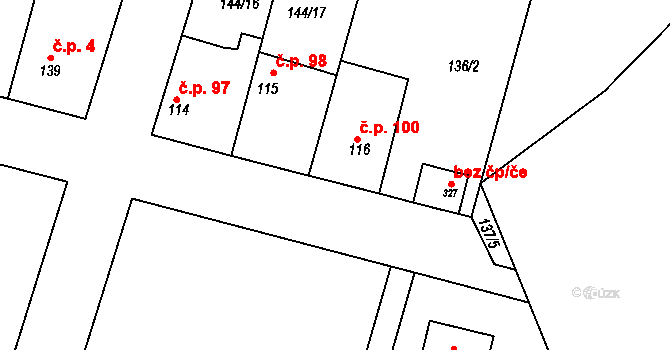 Hlavenec 100 na parcele st. 116 v KÚ Hlavenec, Katastrální mapa