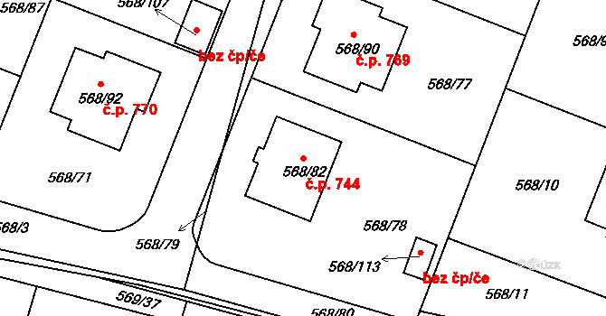 Šeberov 744, Praha na parcele st. 568/82 v KÚ Šeberov, Katastrální mapa