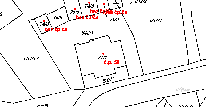 Lipnice 56, Dvůr Králové nad Labem na parcele st. 74/1 v KÚ Lipnice u Dvora Králové, Katastrální mapa