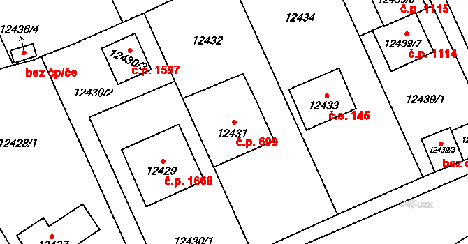 Severní Předměstí 699, Plzeň na parcele st. 12431 v KÚ Plzeň, Katastrální mapa