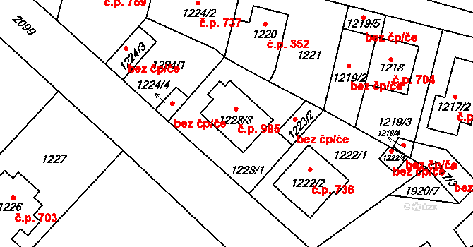 Uhříněves 985, Praha na parcele st. 1223/3 v KÚ Uhříněves, Katastrální mapa