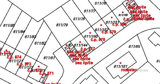Srubec 577 na parcele st. 611/144 v KÚ Srubec, Katastrální mapa