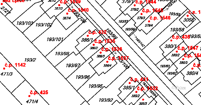 Sezimovo Ústí 1536 na parcele st. 386/3 v KÚ Sezimovo Ústí, Katastrální mapa
