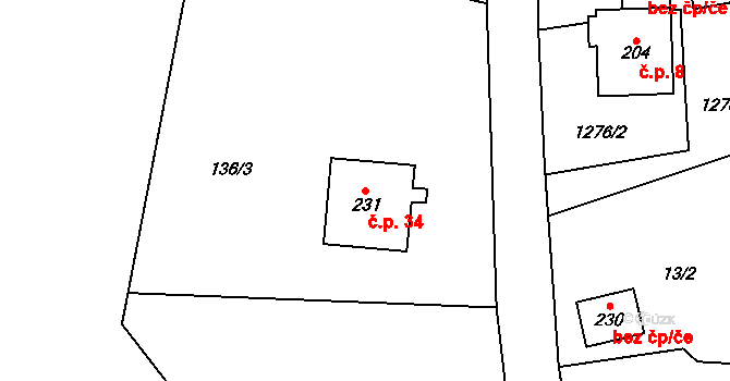 Chodovská Huť 34, Tři Sekery na parcele st. 231 v KÚ Chodovská Huť, Katastrální mapa
