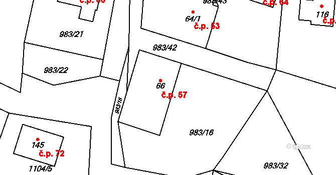 Kuřimské Jestřabí 57 na parcele st. 66 v KÚ Kuřimské Jestřabí, Katastrální mapa