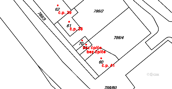 Třebíč 44106734 na parcele st. 71 v KÚ Račerovice, Katastrální mapa