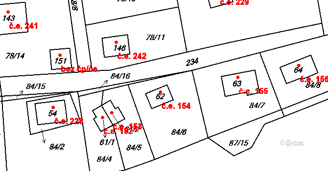 Klíny 154 na parcele st. 62 v KÚ Klíny II, Katastrální mapa
