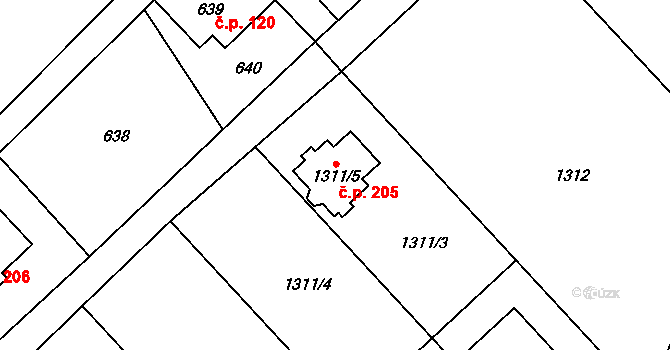Olbramice 205 na parcele st. 1311/5 v KÚ Olbramice, Katastrální mapa
