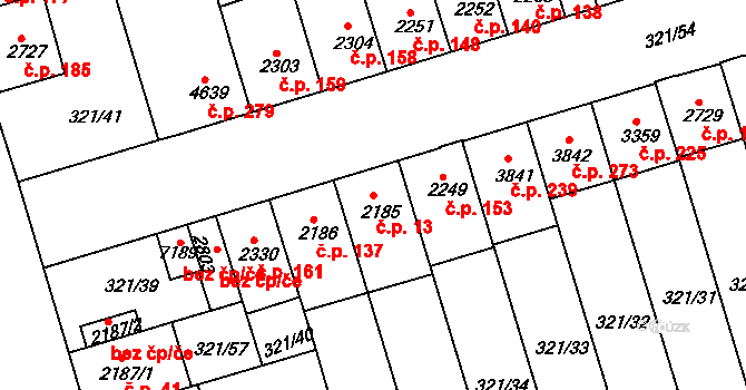 Václavské Předměstí 13, Písek na parcele st. 2185 v KÚ Písek, Katastrální mapa