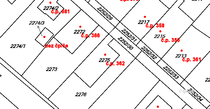 Rapotín 362 na parcele st. 2275 v KÚ Rapotín, Katastrální mapa