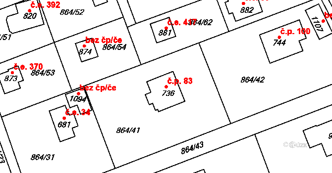 Bojov 83, Čisovice na parcele st. 736 v KÚ Čisovice, Katastrální mapa