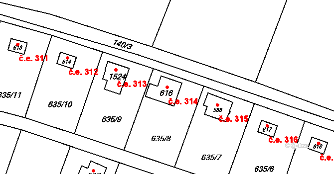 Dolní Jirčany 314, Psáry na parcele st. 616 v KÚ Dolní Jirčany, Katastrální mapa