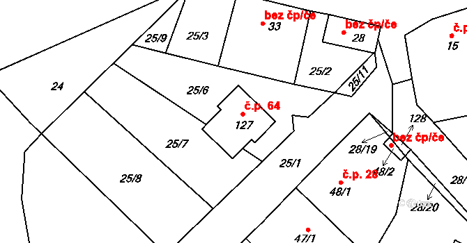 Kozlov 64 na parcele st. 127 v KÚ Kozlov u Křižanova, Katastrální mapa