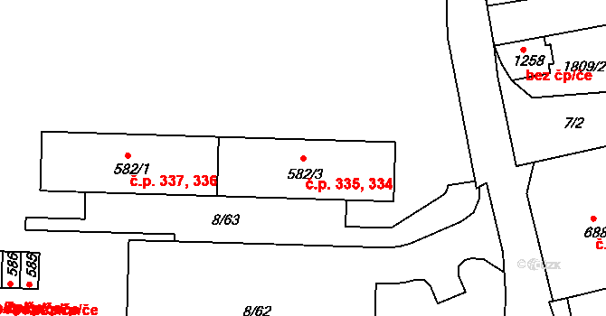 Velešín 334,335 na parcele st. 582/3 v KÚ Velešín, Katastrální mapa