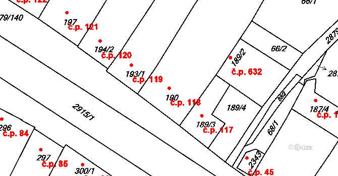 Bystřice pod Hostýnem 118 na parcele st. 190 v KÚ Bystřice pod Hostýnem, Katastrální mapa