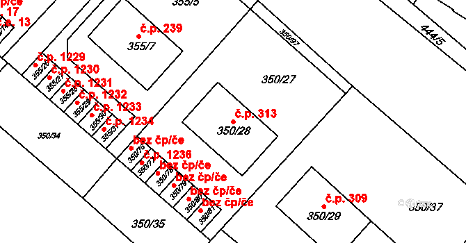 Dobšice 313 na parcele st. 350/28 v KÚ Dobšice u Znojma, Katastrální mapa
