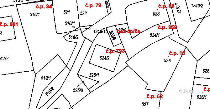 Tuchlovice 793 na parcele st. 524/2 v KÚ Tuchlovice, Katastrální mapa