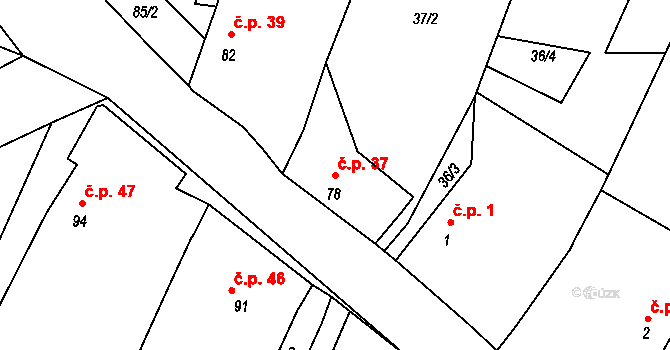 Bzí 37, Dolní Bukovsko na parcele st. 78 v KÚ Bzí u Dolního Bukovska, Katastrální mapa