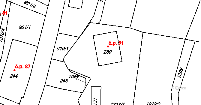 Dolní Světlá 51, Mařenice na parcele st. 280 v KÚ Dolní Světlá pod Luží, Katastrální mapa
