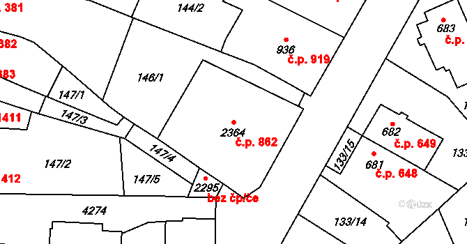 Kyjov 862 na parcele st. 2364 v KÚ Kyjov, Katastrální mapa