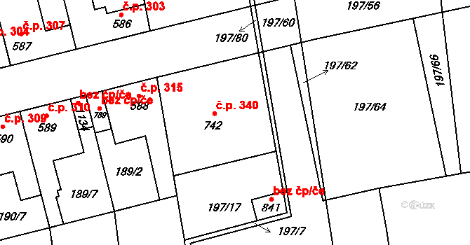 Humny 340, Pchery na parcele st. 742 v KÚ Pchery, Katastrální mapa