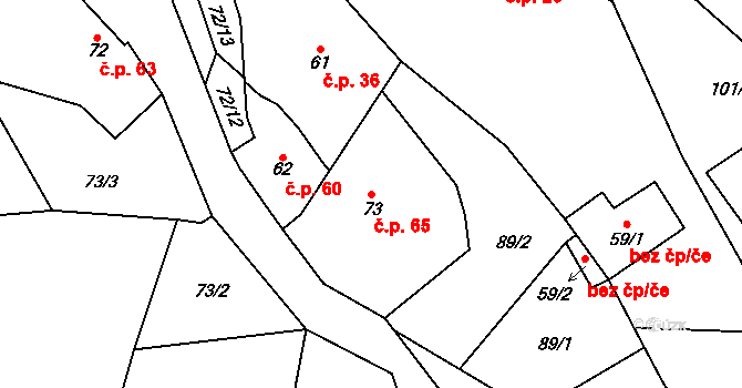 Hřídelec 65, Lázně Bělohrad na parcele st. 73 v KÚ Hřídelec, Katastrální mapa
