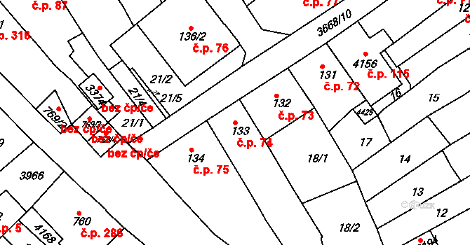 Lanškroun-Vnitřní Město 74, Lanškroun na parcele st. 133 v KÚ Lanškroun, Katastrální mapa