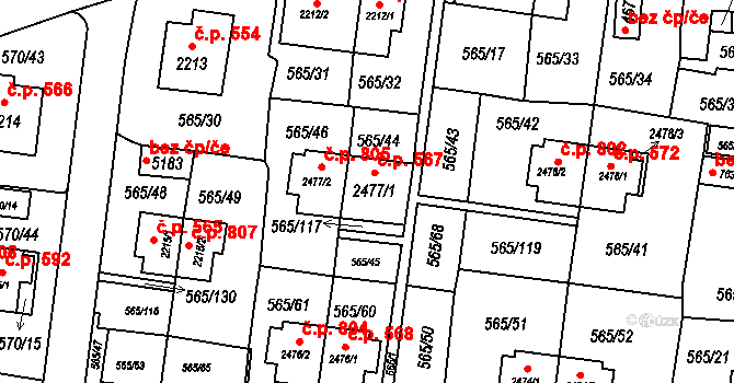 Borovina 567, Třebíč na parcele st. 2477/1 v KÚ Třebíč, Katastrální mapa