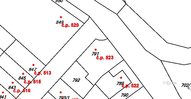 Pelhřimov 523 na parcele st. 791 v KÚ Pelhřimov, Katastrální mapa