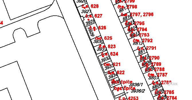 Hodonín 624 na parcele st. 3931 v KÚ Hodonín, Katastrální mapa