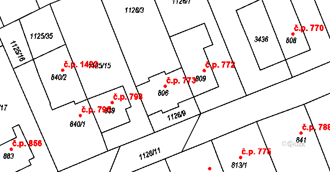 Ivančice 773 na parcele st. 806 v KÚ Ivančice, Katastrální mapa