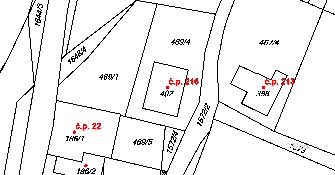 Rychaltice 216, Hukvaldy na parcele st. 402 v KÚ Rychaltice, Katastrální mapa
