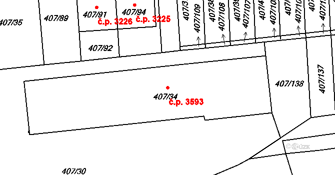 Znojmo 3593 na parcele st. 407/34 v KÚ Znojmo-Louka, Katastrální mapa