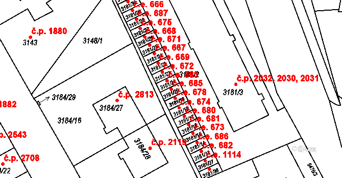 Znojmo 685 na parcele st. 3181/20 v KÚ Znojmo-město, Katastrální mapa