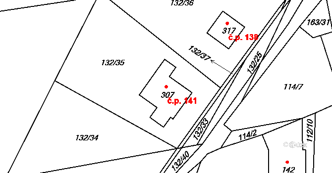 Krasíkov 141 na parcele st. 307 v KÚ Krasíkov, Katastrální mapa