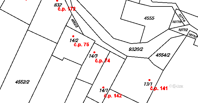 Starý Hrozenkov 74 na parcele st. 14/3 v KÚ Starý Hrozenkov, Katastrální mapa