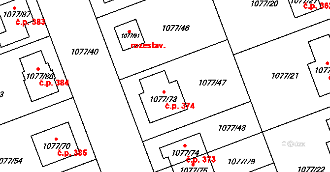 Velešovice 374 na parcele st. 1077/73 v KÚ Velešovice, Katastrální mapa