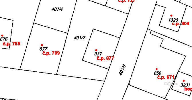 Milevsko 877 na parcele st. 931 v KÚ Milevsko, Katastrální mapa