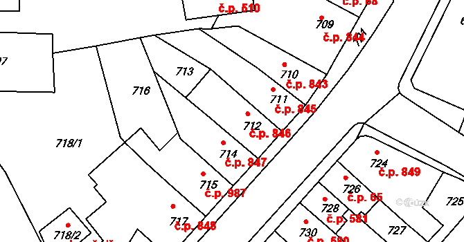 Třešť 846 na parcele st. 712 v KÚ Třešť, Katastrální mapa